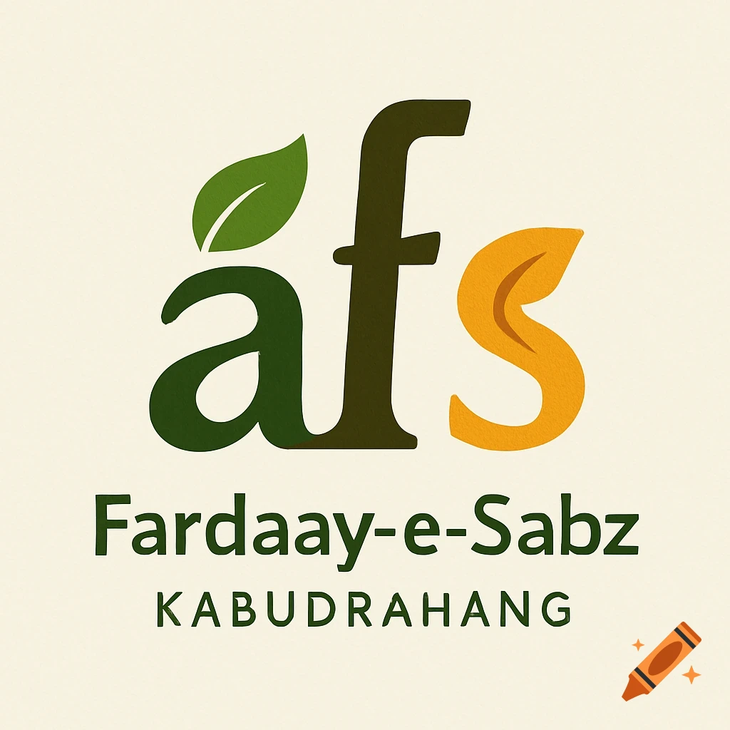 Logo with a stylized green 'a' as a leaf, a dark green 'f' resembling a smokestack, and a yellow 's' as a leaf, with text "Fardaay-e-Sabz KABUDRAHANG" below.