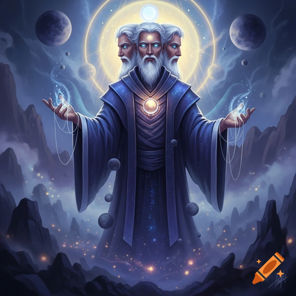 A mystical, three-faced man in blue robes holds glowing energy in a cosmic, mountainous landscape with planets, digital art.
