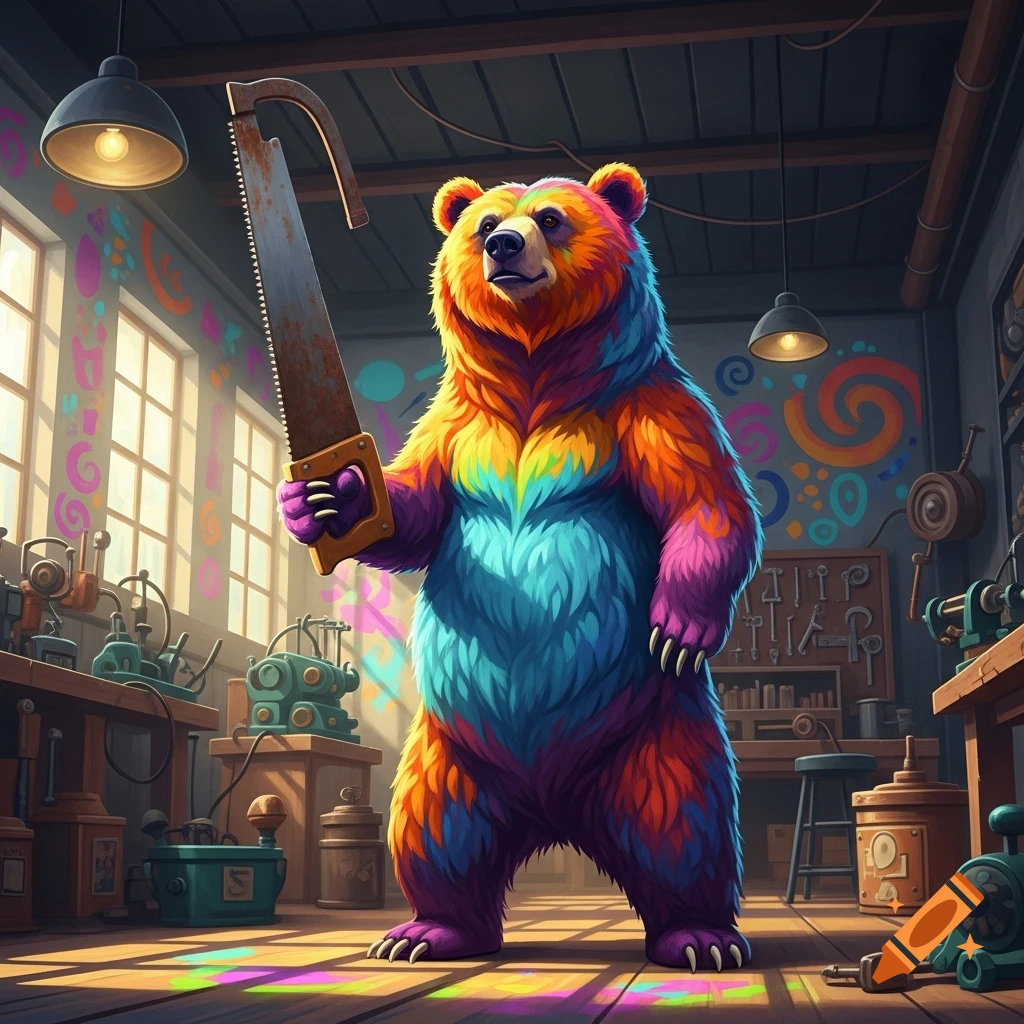 A rainbow-colored cartoon bear stands in a vibrant workshop, holding a large rusty handsaw.