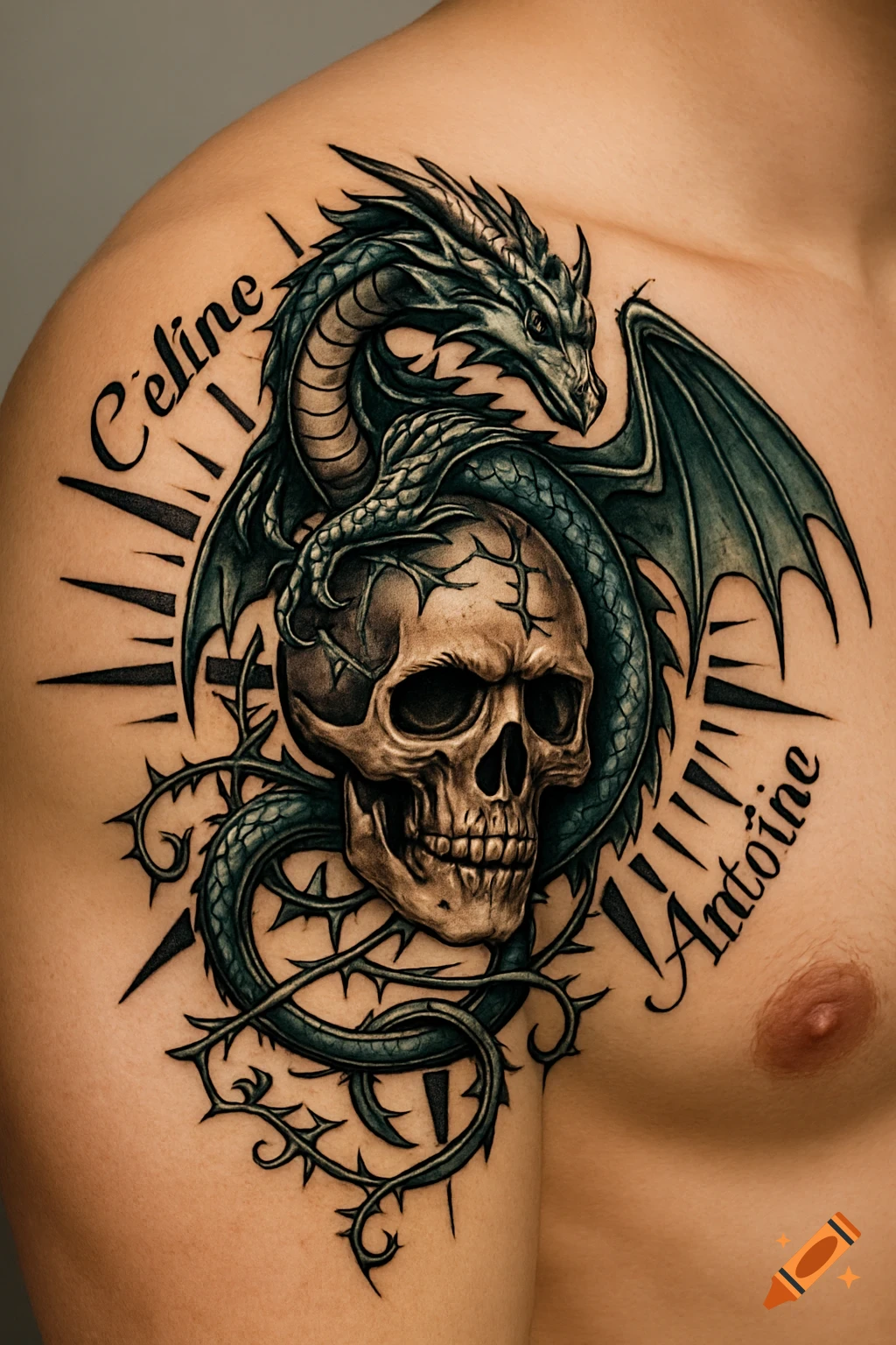 Realistic tattoo of a green dragon wrapped around a skull on a shoulder, with the names Céline and Antoine.