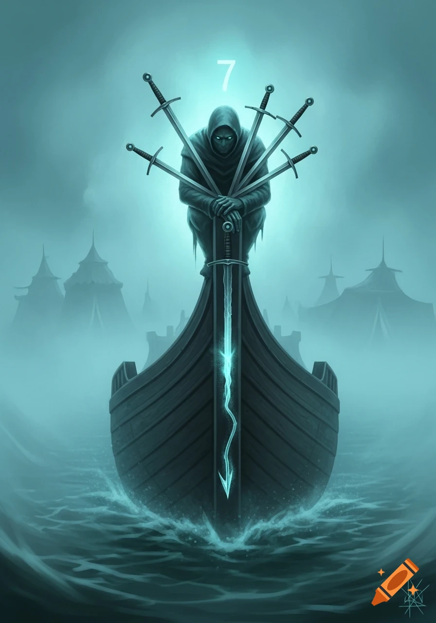 A hooded, spectral figure with glowing eyes clutches swords on a longboat's prow, a glowing sword forming the figurehead. A '7' glows above its head in misty teal waters.