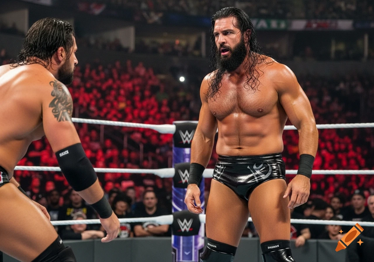 Two muscular male wrestlers, one with a beard and long hair, face each other in a brightly lit wrestling ring before a large crowd.