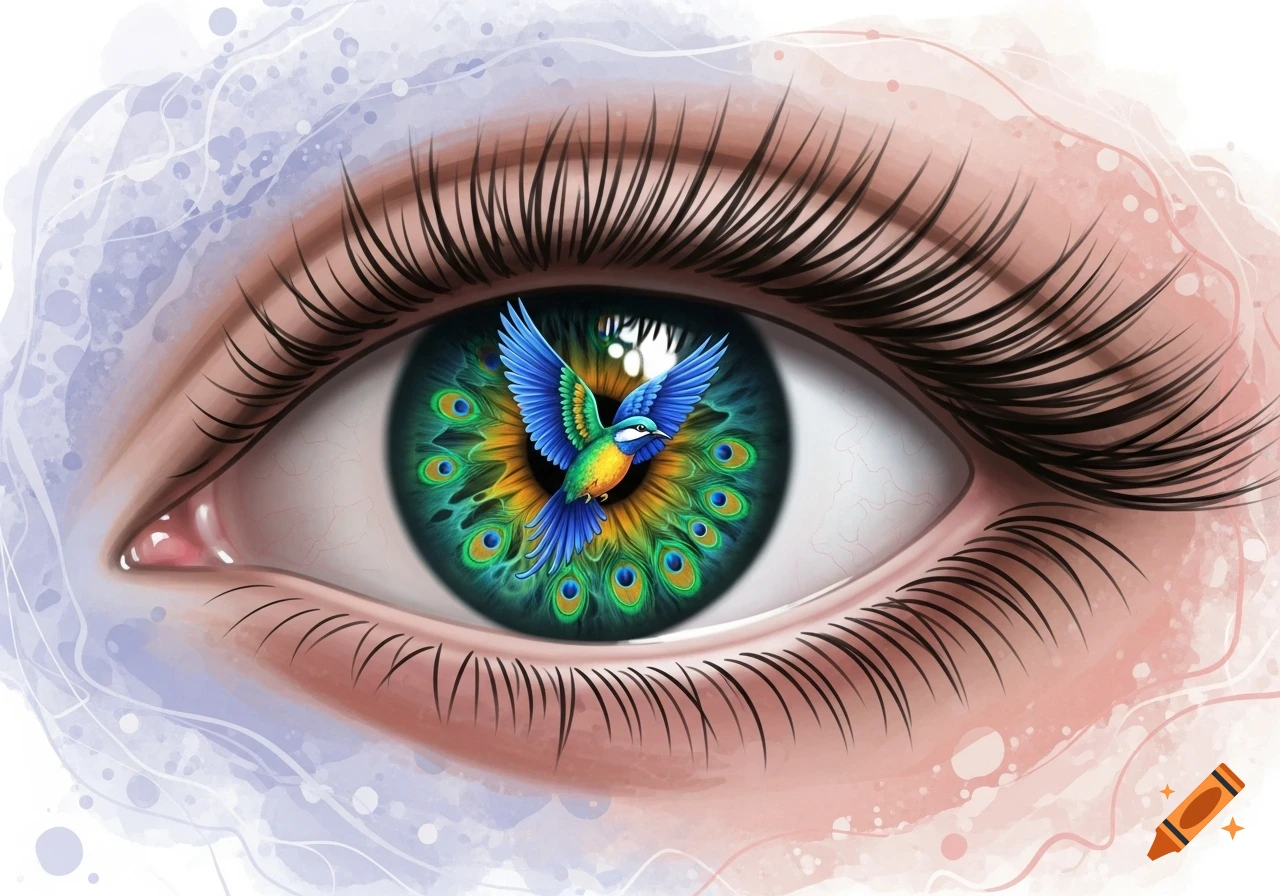 Close-up illustration of an eye with a colorful blue and green bird forming the iris, surrounded by peacock feather patterns.