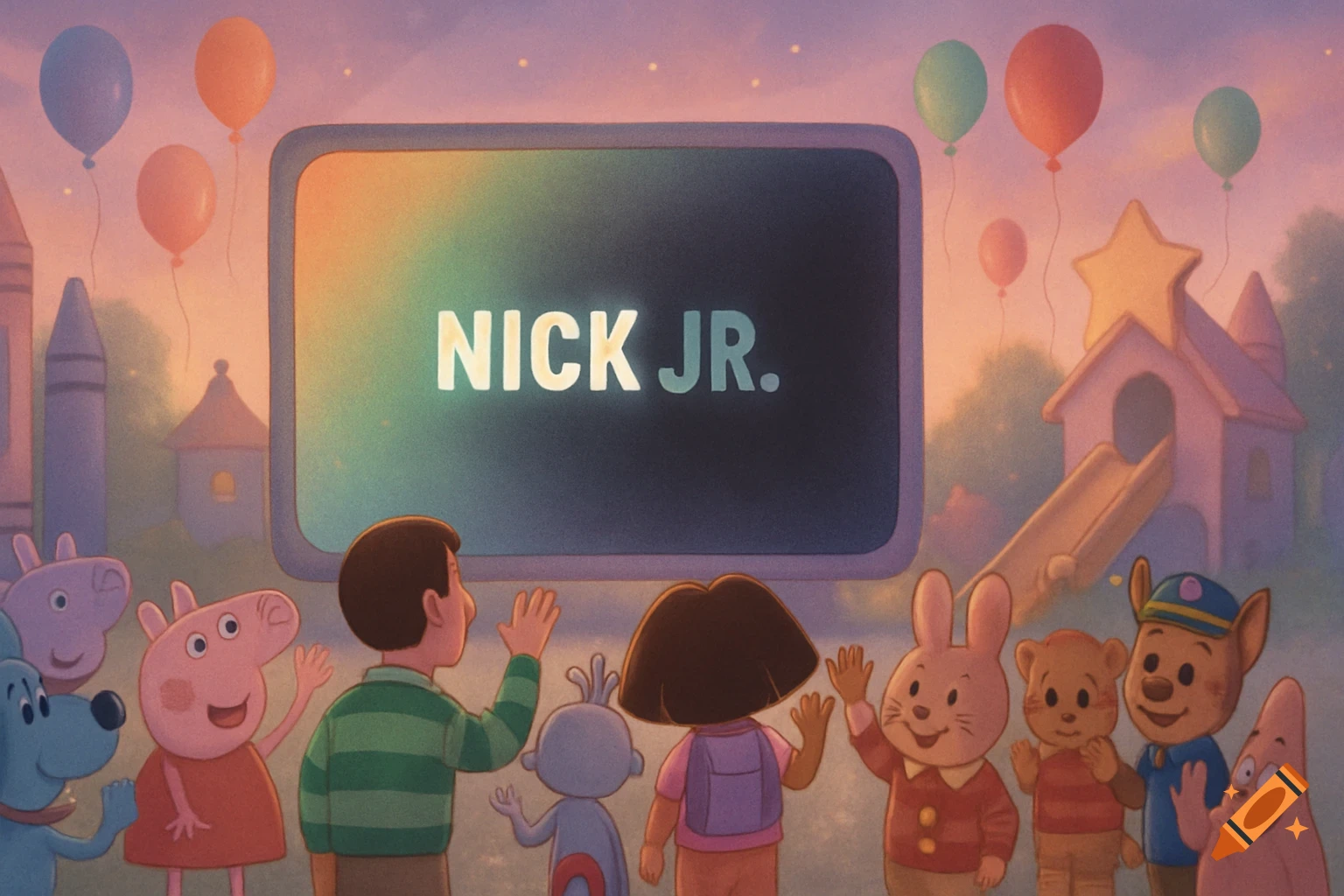 Various cartoon characters, including Blue, Peppa Pig, Steve, and Dora, wave at a screen displaying 'NICK JR.' amidst balloons and a playground.