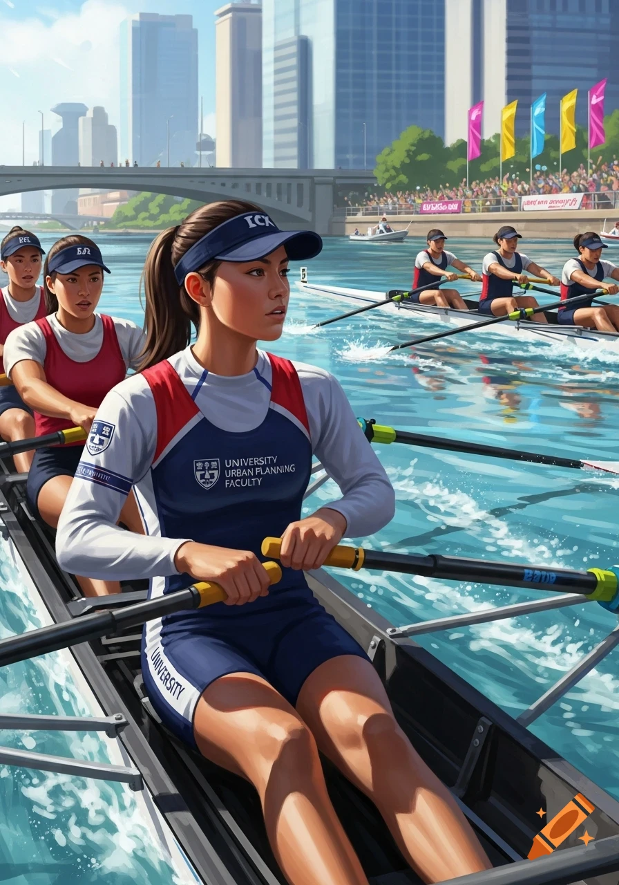 Female rowers in a university boat race on a river, with a modern city skyline and cheering crowd in the background, in a detailed illustration style.