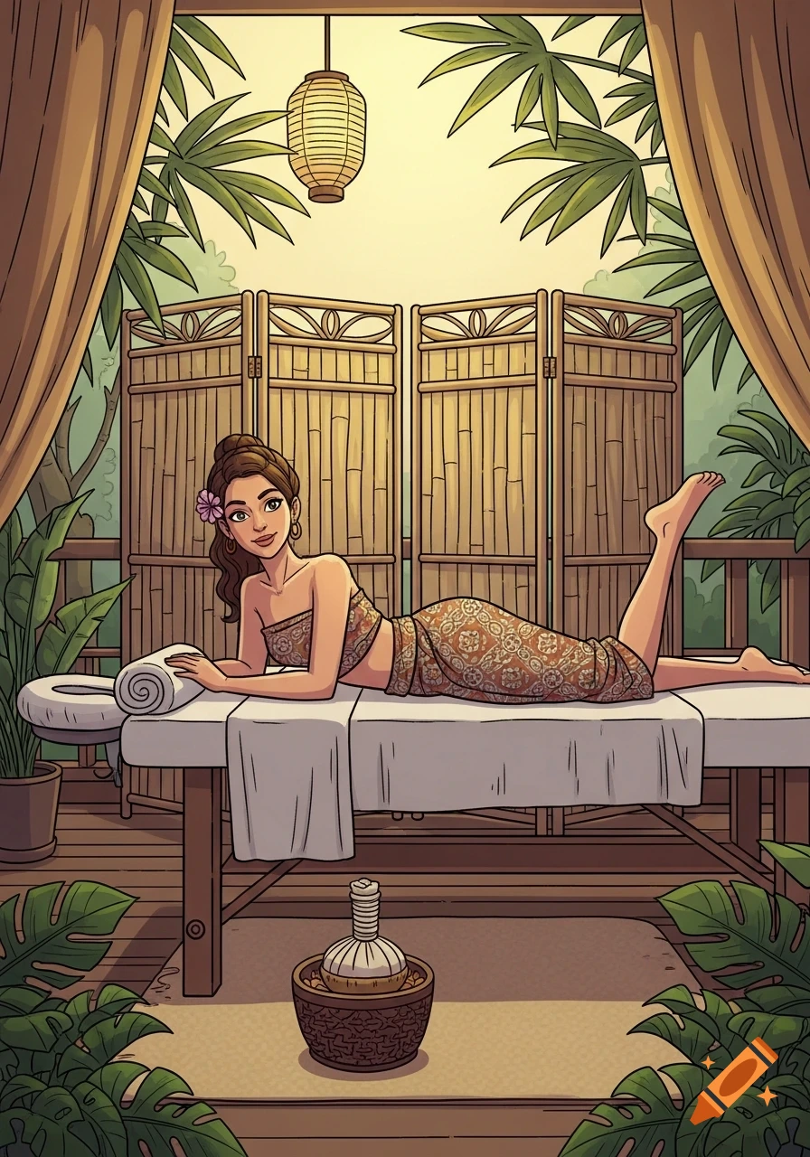 A woman relaxing on a massage table in a tropical spa setting with bamboo screens and plants, in a comic style.