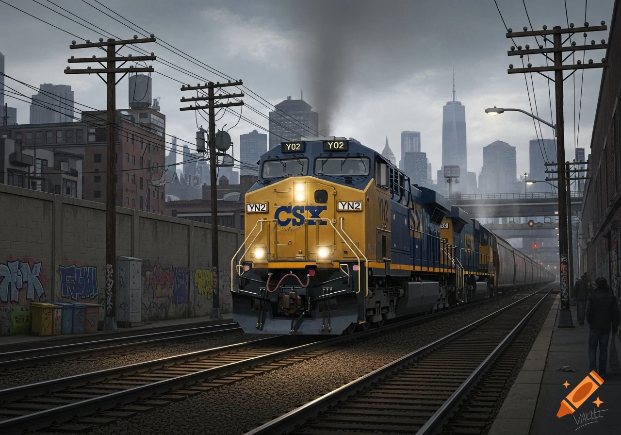 A yellow and blue CSX YN2 train with headlights on travels on tracks through an urban setting with a city skyline under a cloudy sky.