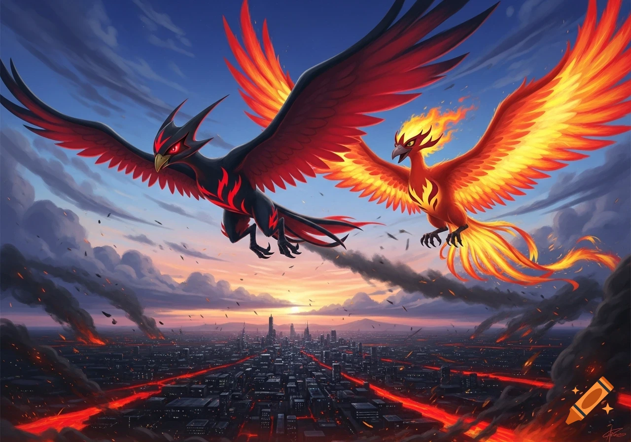 Two large fantasy birds, one black and red, one fiery orange, fly over a burning city at sunset.