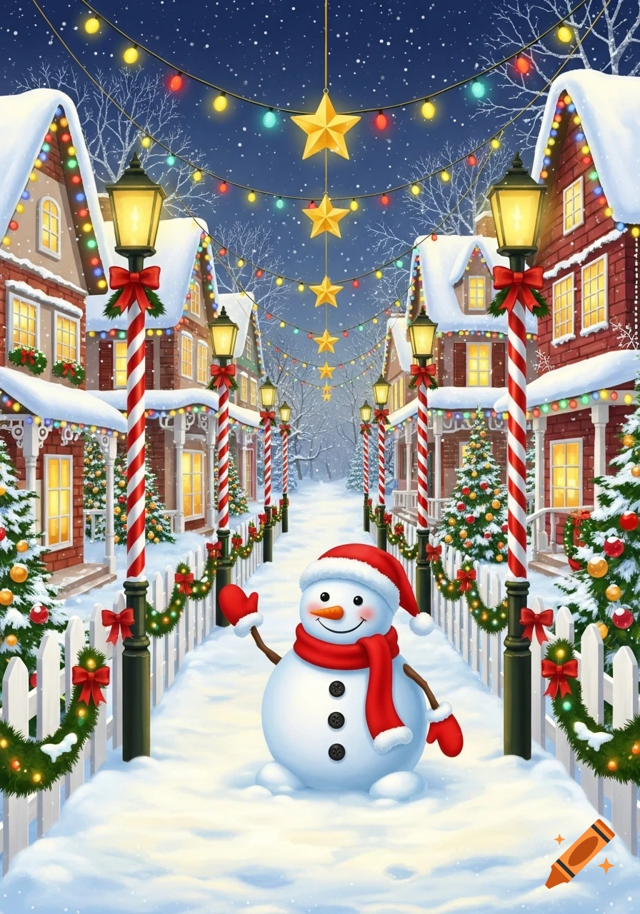 A friendly snowman in a Santa hat waves on a snowy Christmas street lit by colorful lights and candy cane lampposts.