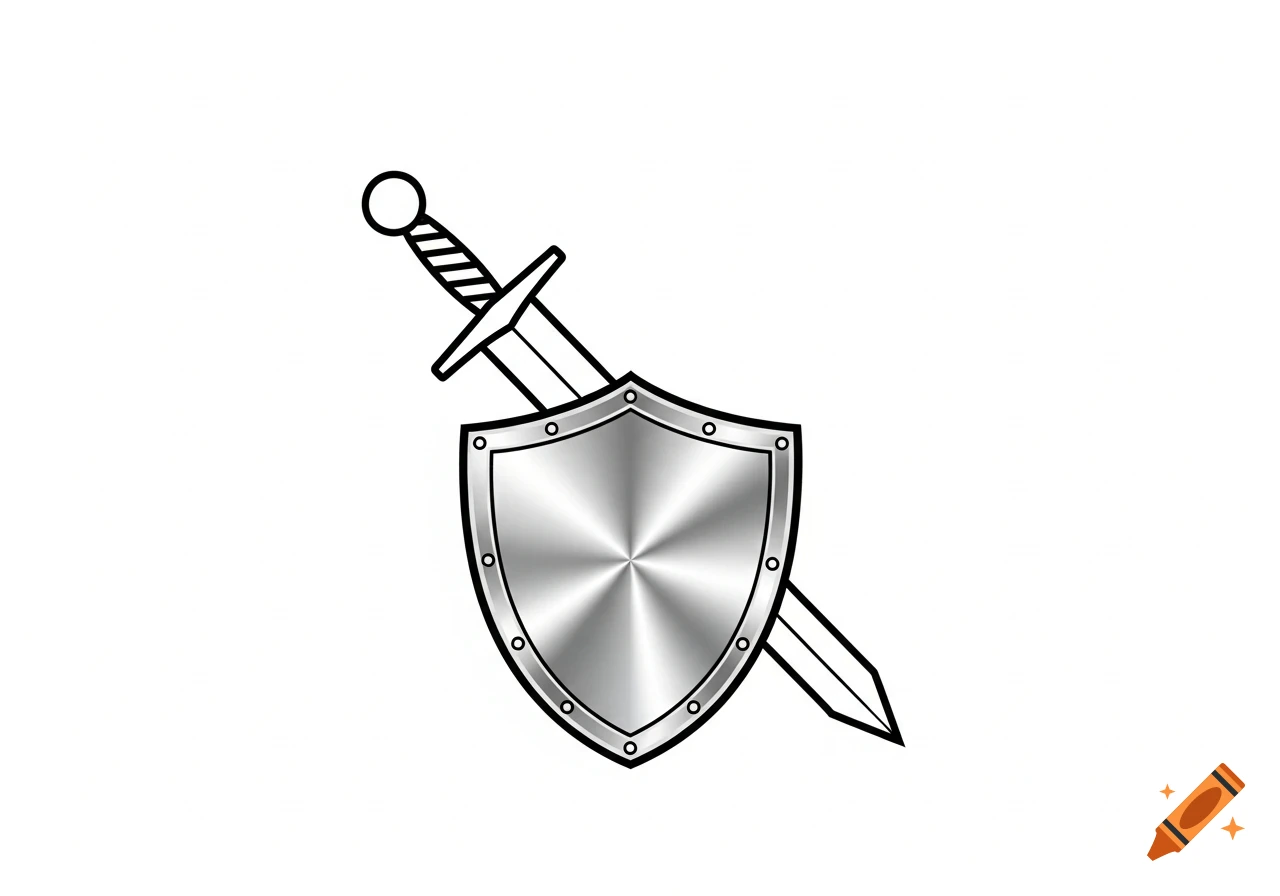 Clipart illustration of a silver shield with a sword diagonally behind it on a white background.