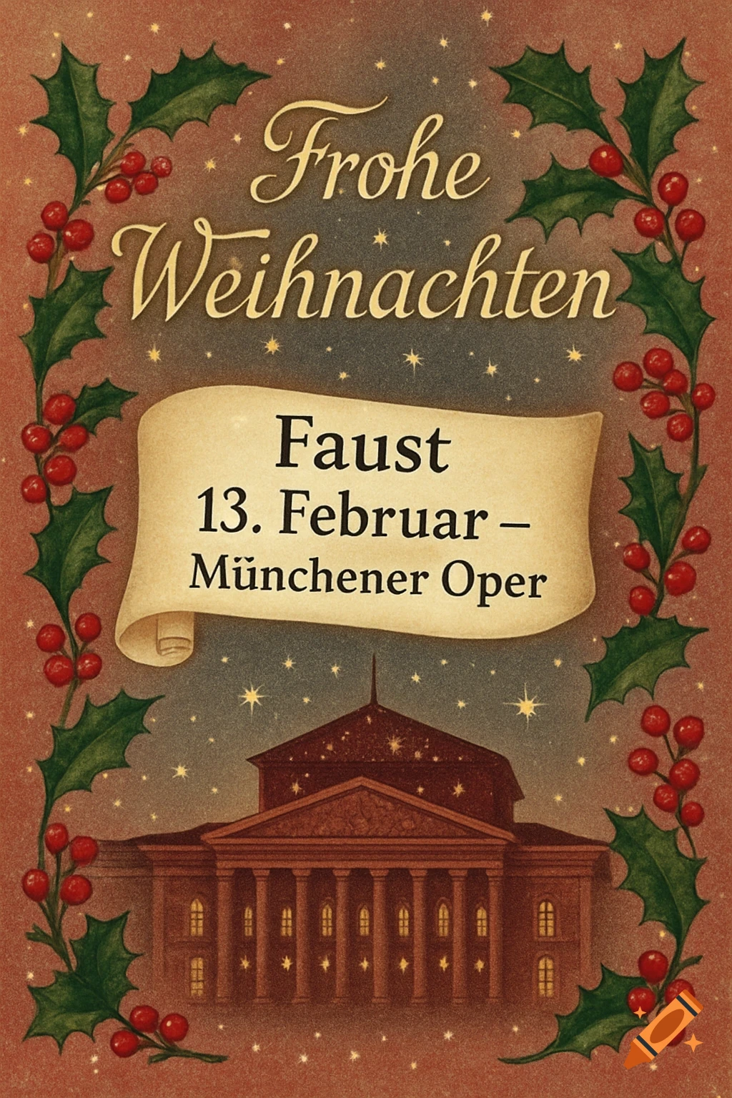 A vintage-style Christmas card featuring holly and berries framing text that reads "Frohe Weihnachten" and "Faust 13. Februar - Münchener Oper" above a detailed illustration of an opera house at night.