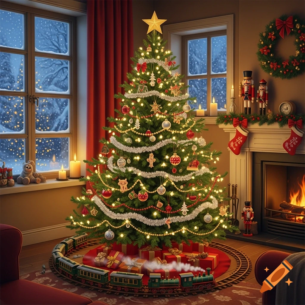 A festive Christmas tree with lights, ornaments, and a toy train in a cozy room by a fireplace, with snow falling outside.