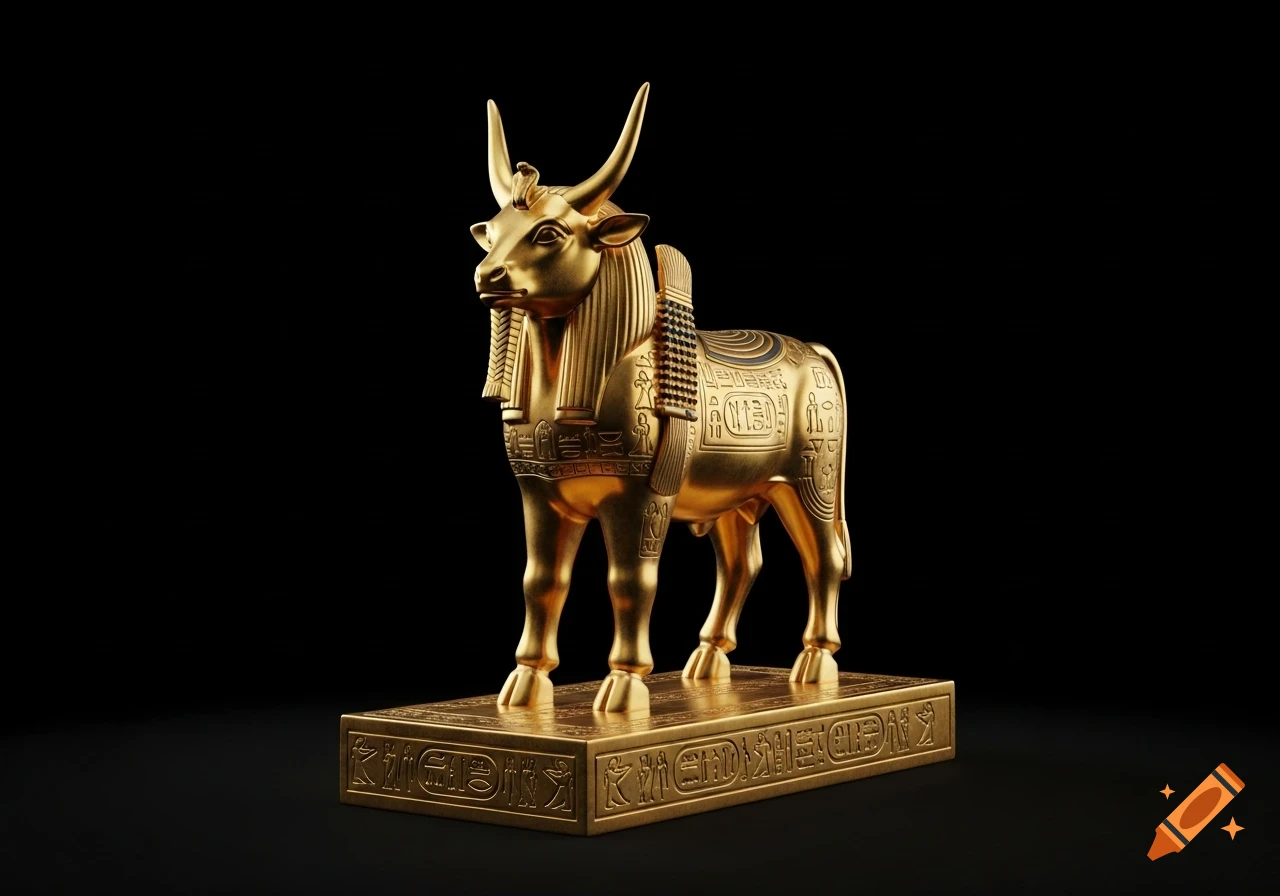 A gleaming golden statue of a calf, adorned with Egyptian-style carvings, stands on a plinth in a black void.