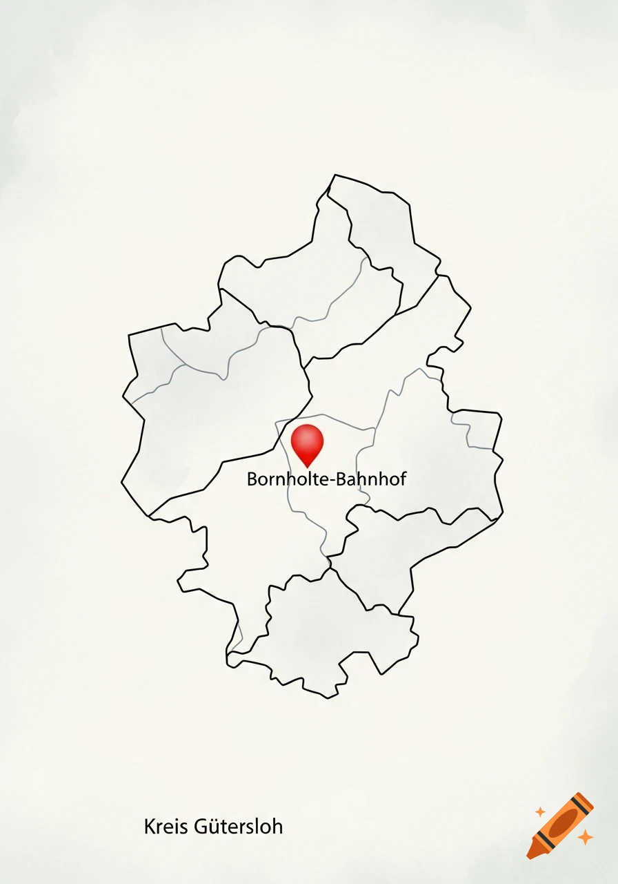 A map showing the outline of Kreis G utersloh with Bornholte-Bahnhof marked by a red pin.