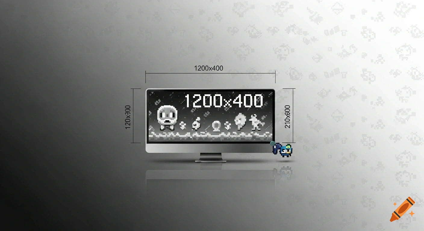 A silver computer monitor displays a grayscale retro gaming pixel art design with "1200x400" text. Dimension labels and a small pixel character are also present.
