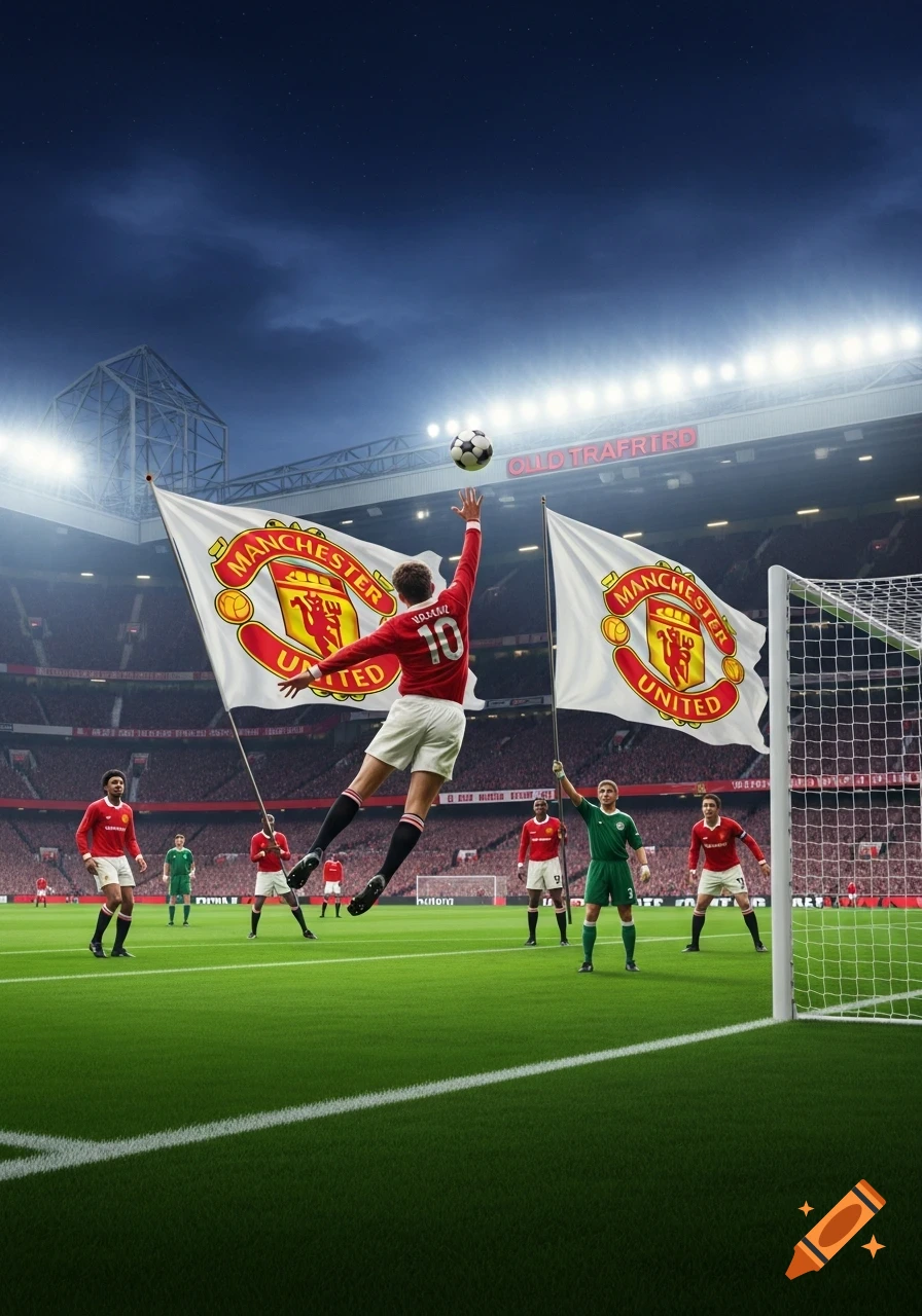 A soccer player in a red Manchester United jersey jumps to head a ball on a vibrant green field in a large stadium under a night sky, with team flags.