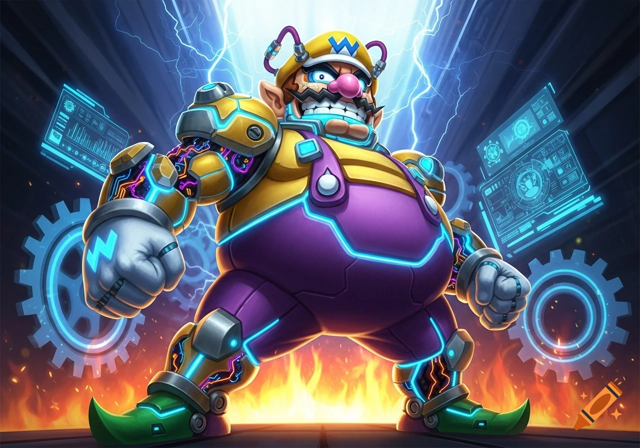 Cyborg Wario stands amidst blue lightning and glowing gears, wearing purple overalls and gold armor with neon blue accents.
