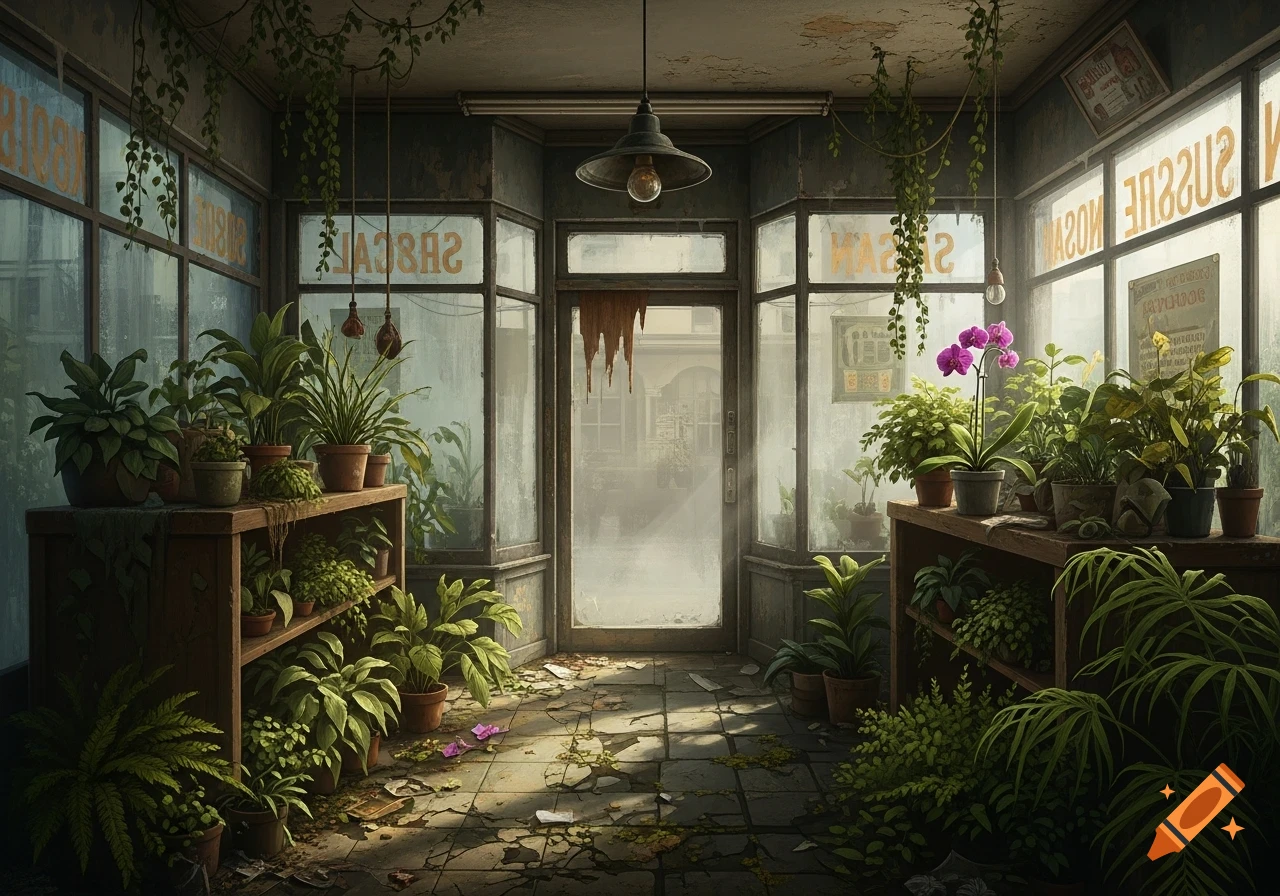 A photorealistic image of a rundown plant shop interior with numerous potted plants, vines, and broken floor tiles.
