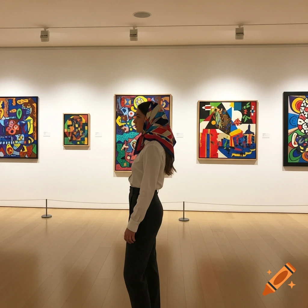 A woman wearing a colorful headscarf, white blouse, and dark pants stands observing abstract paintings in a photorealistic art gallery.
