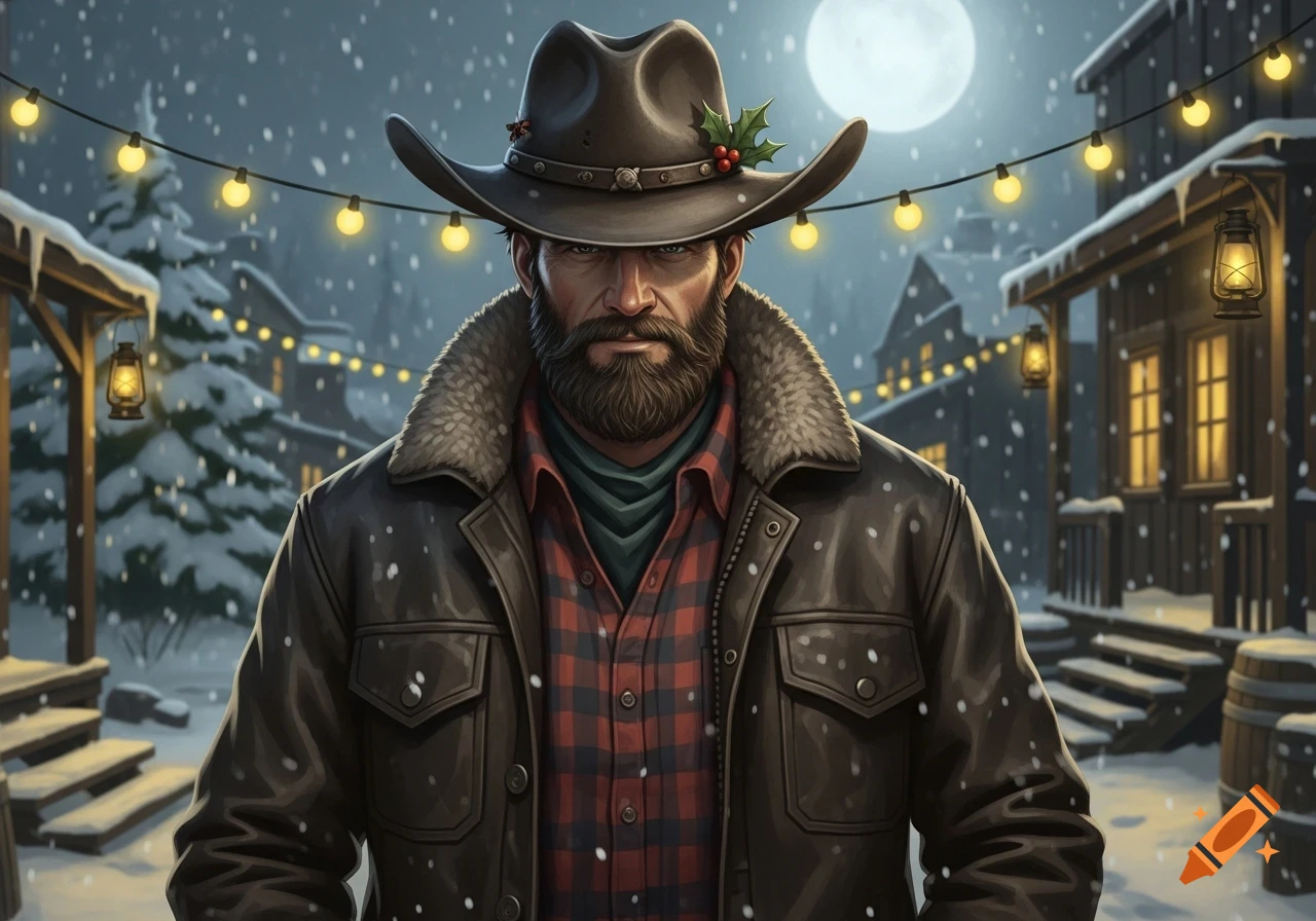 A bearded man in a cowboy hat with holly, leather jacket, and plaid shirt stands in a snowy Western town at night with string lights.