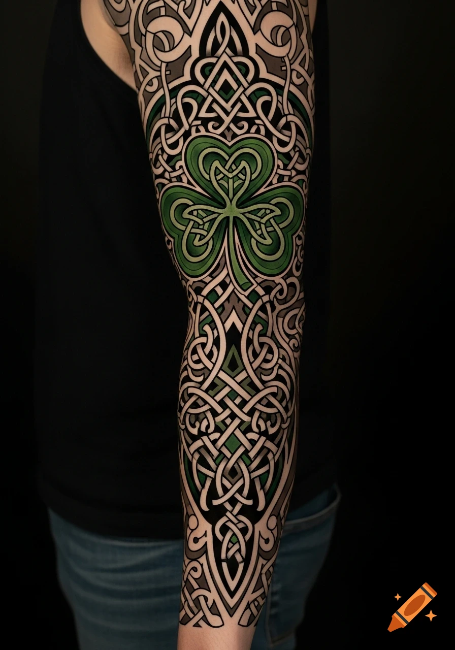 An arm features a full sleeve Celtic tattoo with intricate green shamrocks and interwoven knot designs.