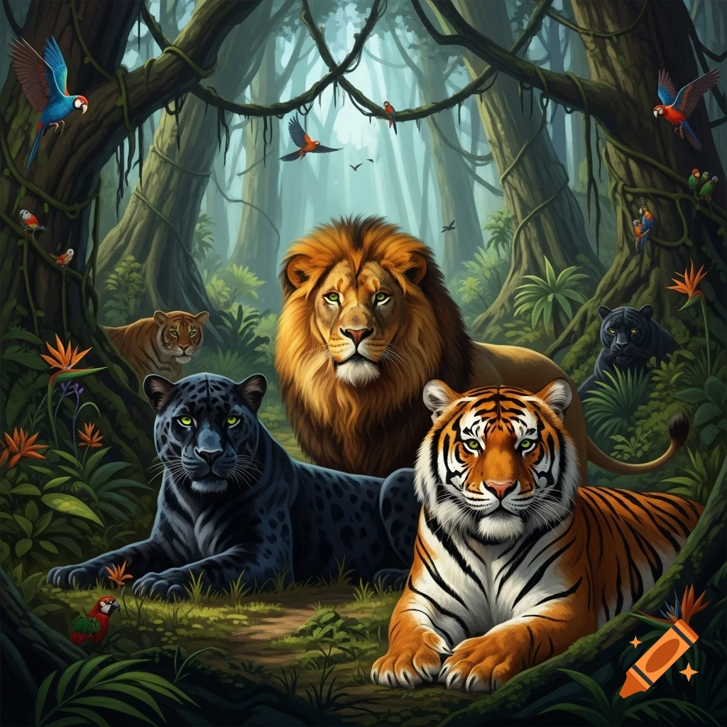 A proud lion, tiger, and two black panthers pose amongst various colorful birds in a lush jungle, rendered in a detailed illustration style.