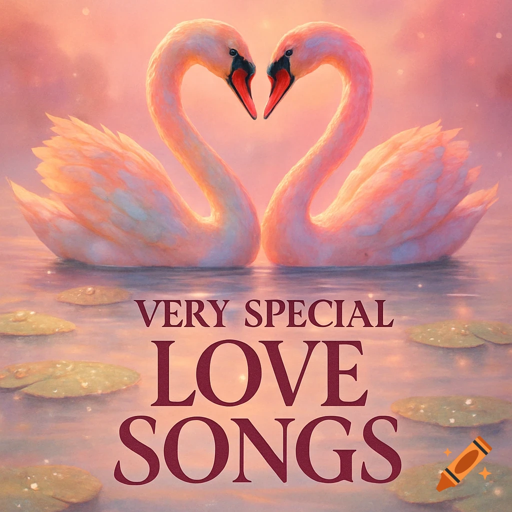 Two swans form a heart shape on a serene lake with lily pads under a warm pink sky, with 'VERY SPECIAL LOVE SONGS' text.