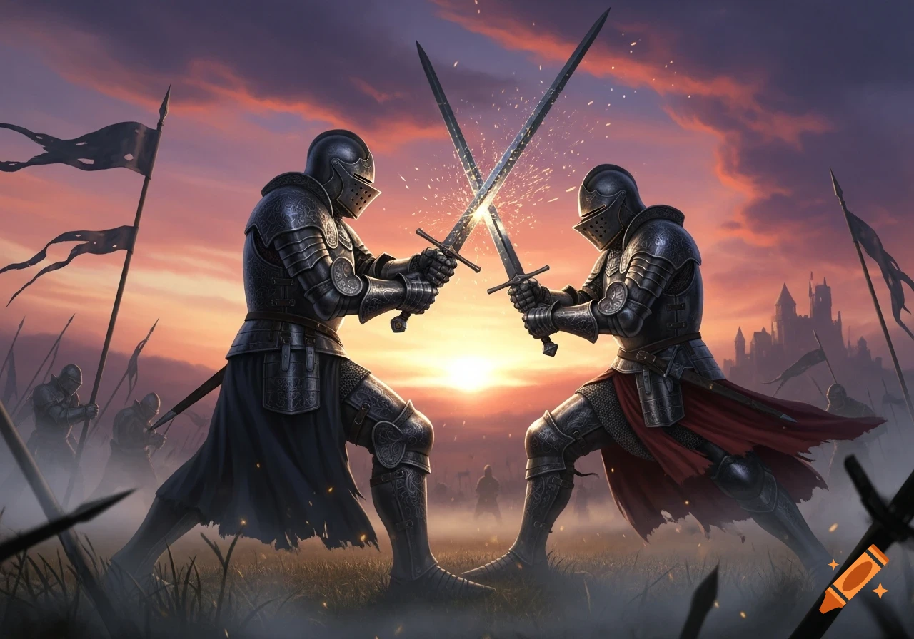 Two medieval knights in full black armor clash swords at sunset on a battlefield with a distant castle.