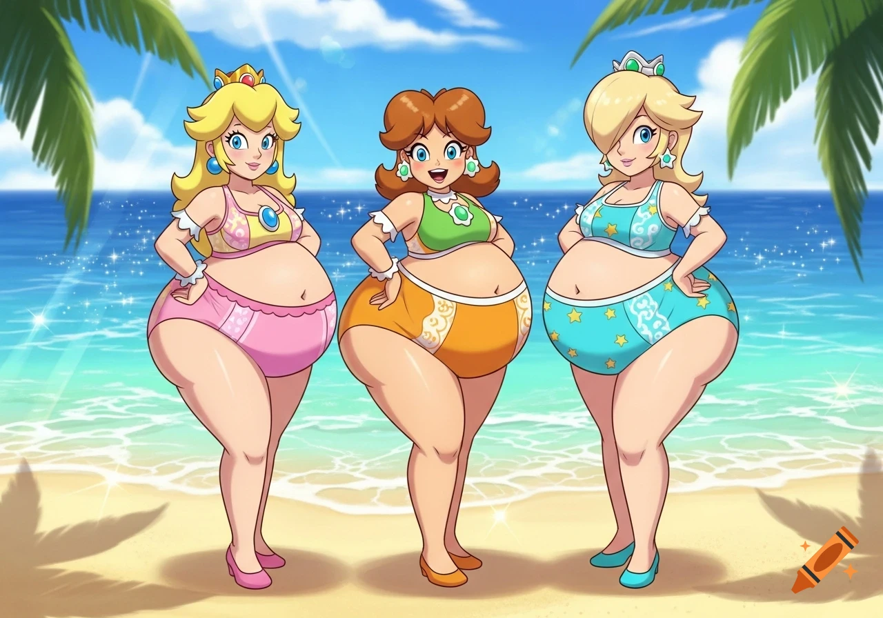 Cartoon characters Peach, Daisy, and Rosalina in colorful swimsuits with large bellies stand on a sunny beach.