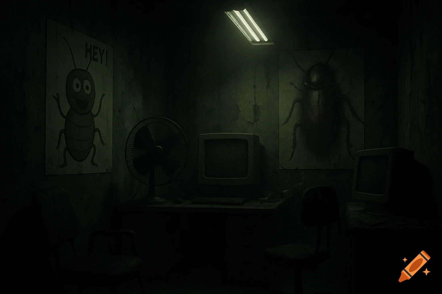 Dark, abandoned security office at night with old monitors, a desk fan, and creepy cockroach posters on grimy walls.
