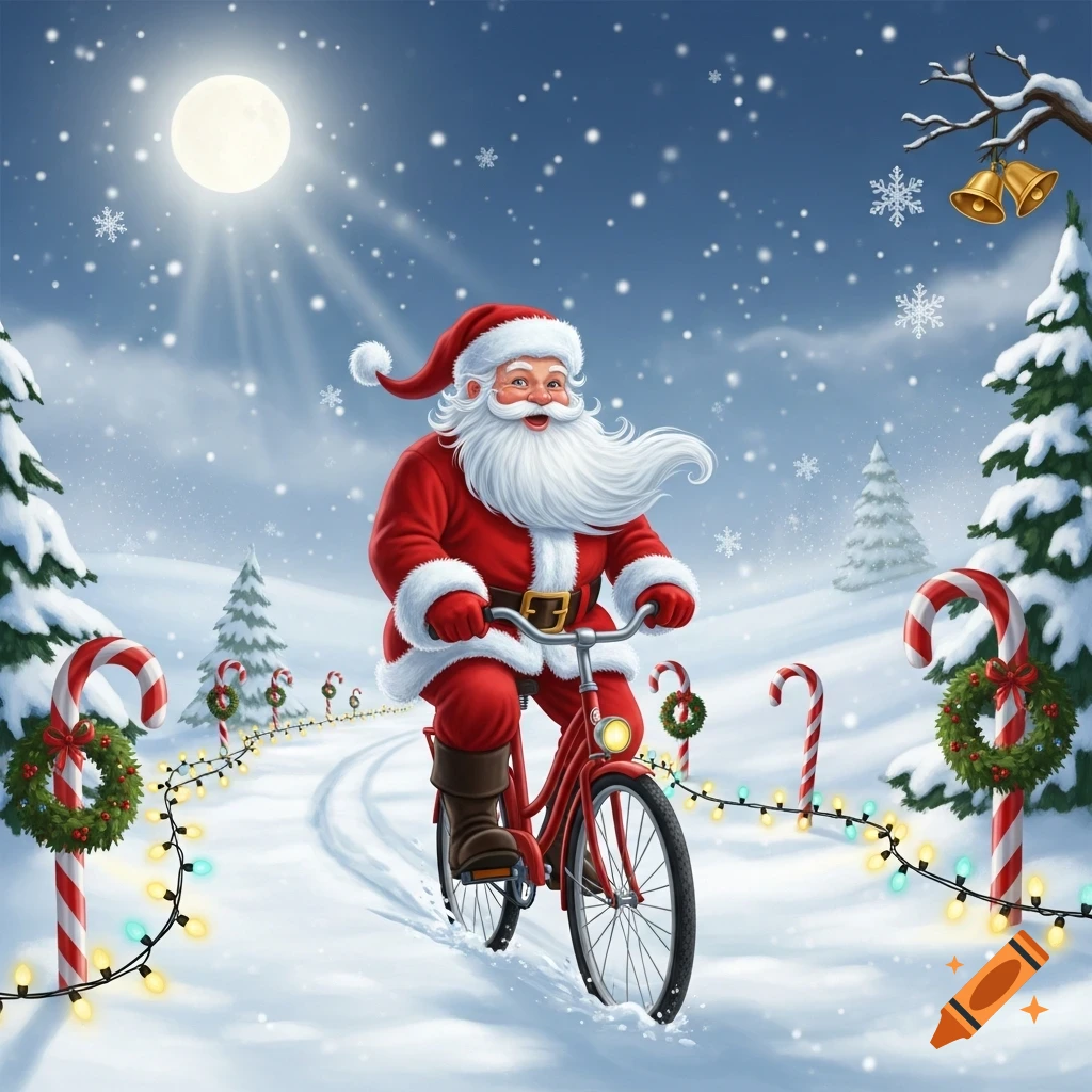 Santa Claus joyfully rides a red bicycle through a snowy landscape decorated with candy canes, string lights, and pine trees under a full moon.