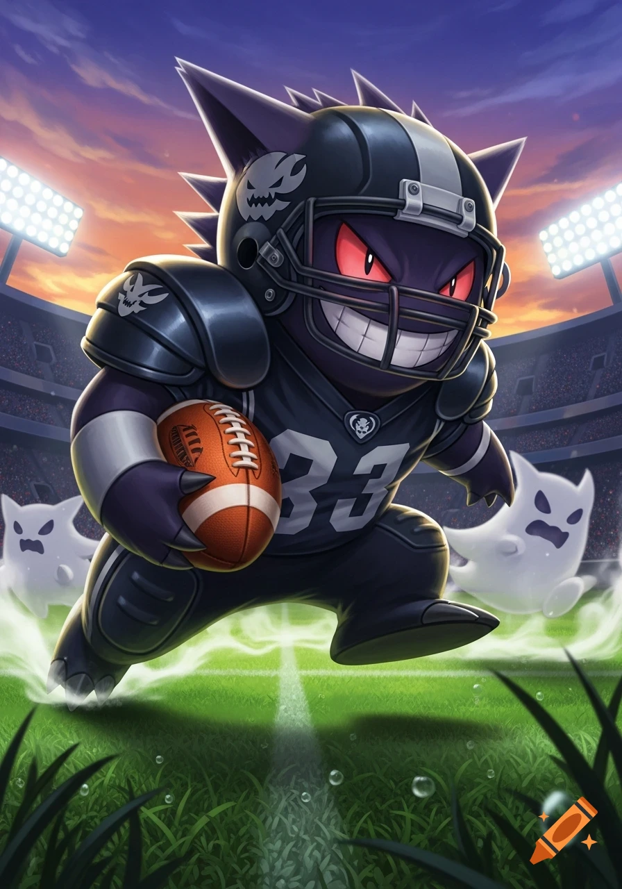 A determined Gengar in black football gear runs with a football across a stadium field at sunset, with two ghostly figures trailing behind.