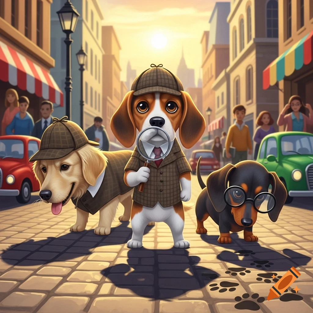 Three cartoon detective dogs, including a beagle with a magnifying glass, a golden retriever, and a dachshund with glasses, on a sunny city street.