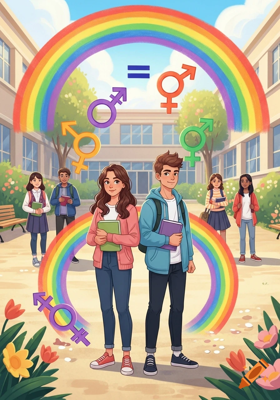 Cartoon illustration of students in front of a school, with a rainbow arch and gender symbols representing equality.