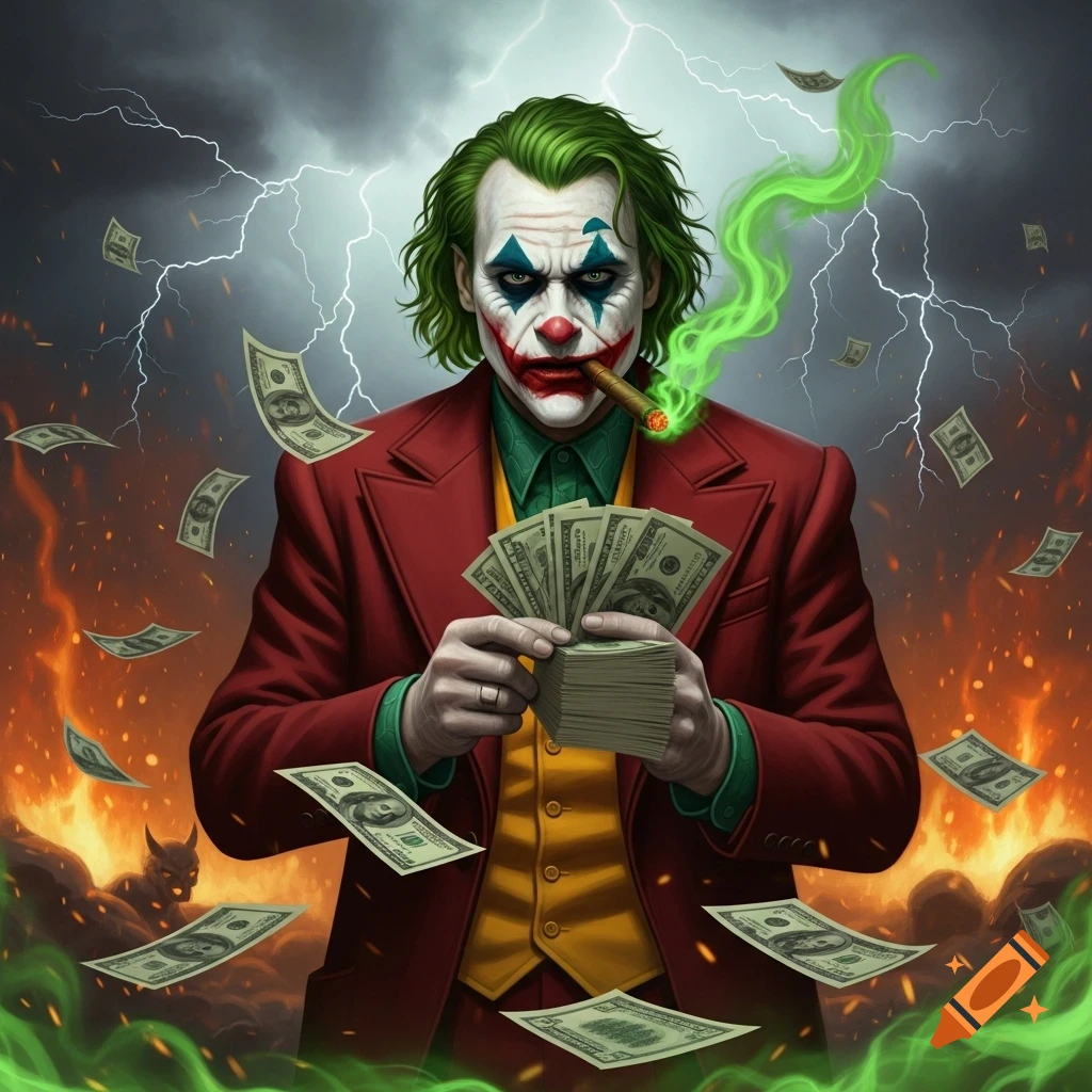 The Joker, with green hair and clown makeup, smokes a cigar with green smoke, holding stacks of money amidst lightning and fire.
