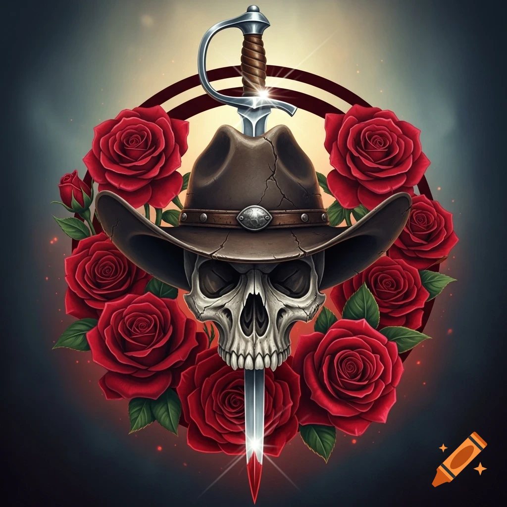 A stylized skull wearing a cowboy hat, pierced by a sword, surrounded by vibrant red roses on a dark, glowing background.