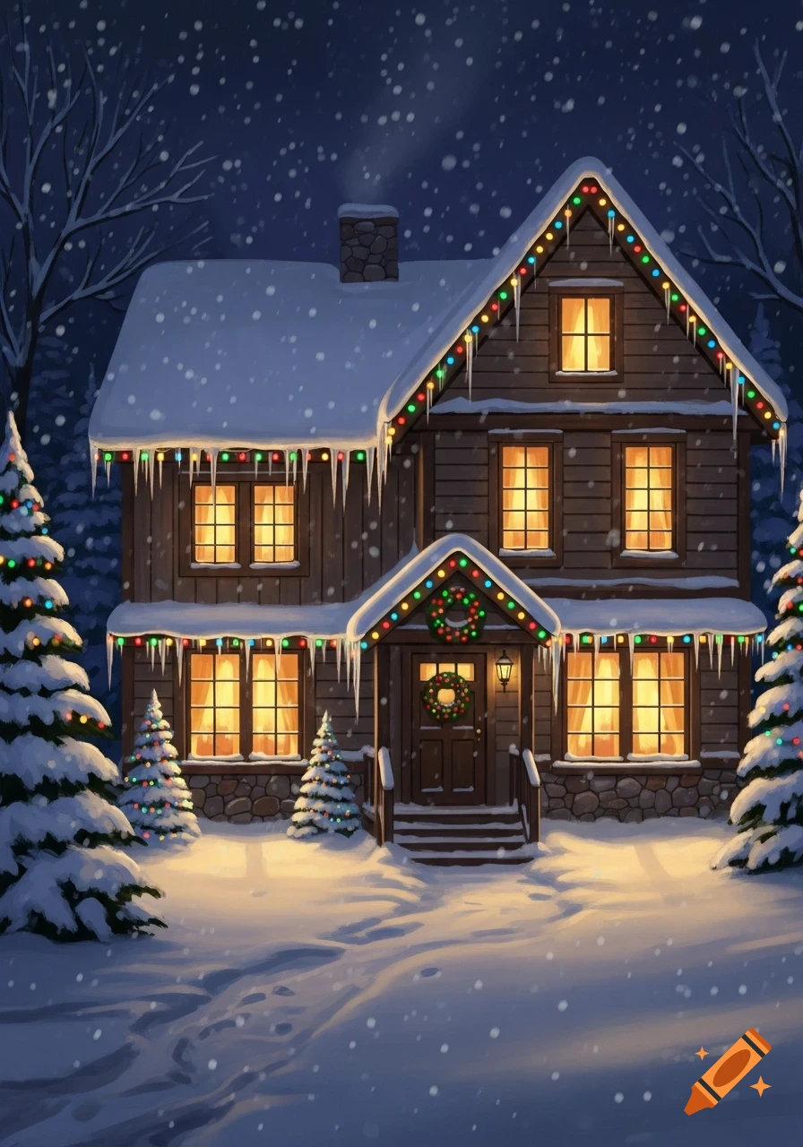 A cozy house covered in snow with colorful Christmas lights and icicles, surrounded by snow-dusted evergreen trees at night.
