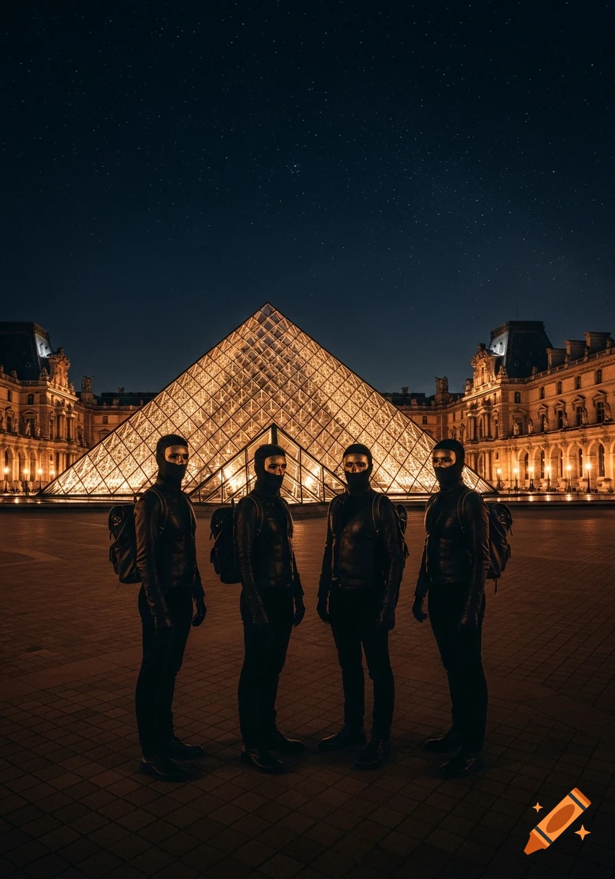Four masked figures in dark clothes and backpacks stand before the illuminated Louvre Pyramid and palace at night under a starry sky in Paris.