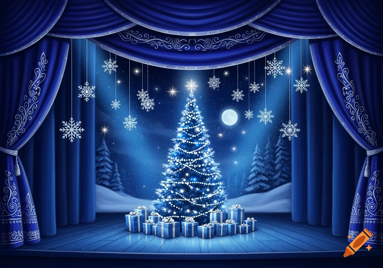 A festive blue stage with a glowing Christmas tree, gifts, and hanging snowflakes, against a snowy night sky with a full moon.
