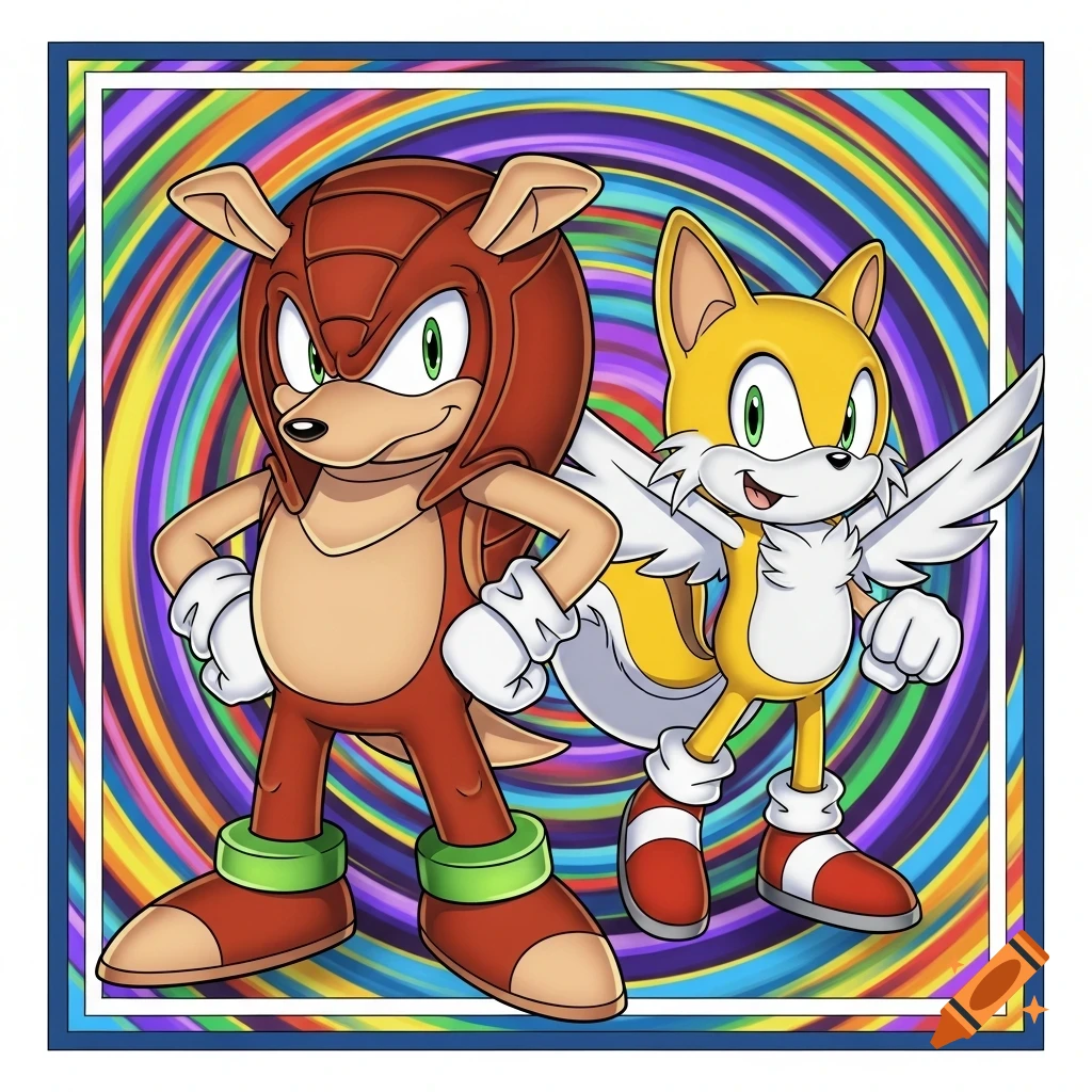 Mighty the Armadillo and Tails stand in a 2D art style against a vibrant, swirling psychedelic background.