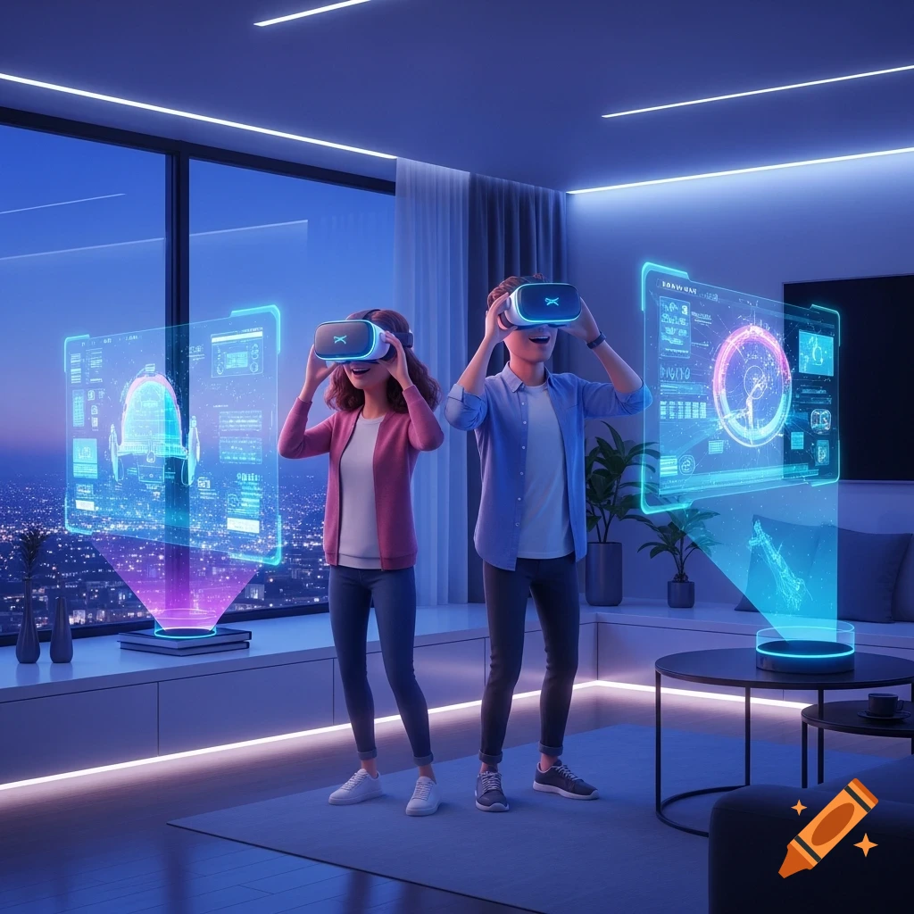 Two people wearing VR headsets interact with glowing holographic displays in a modern apartment overlooking a city at dusk.