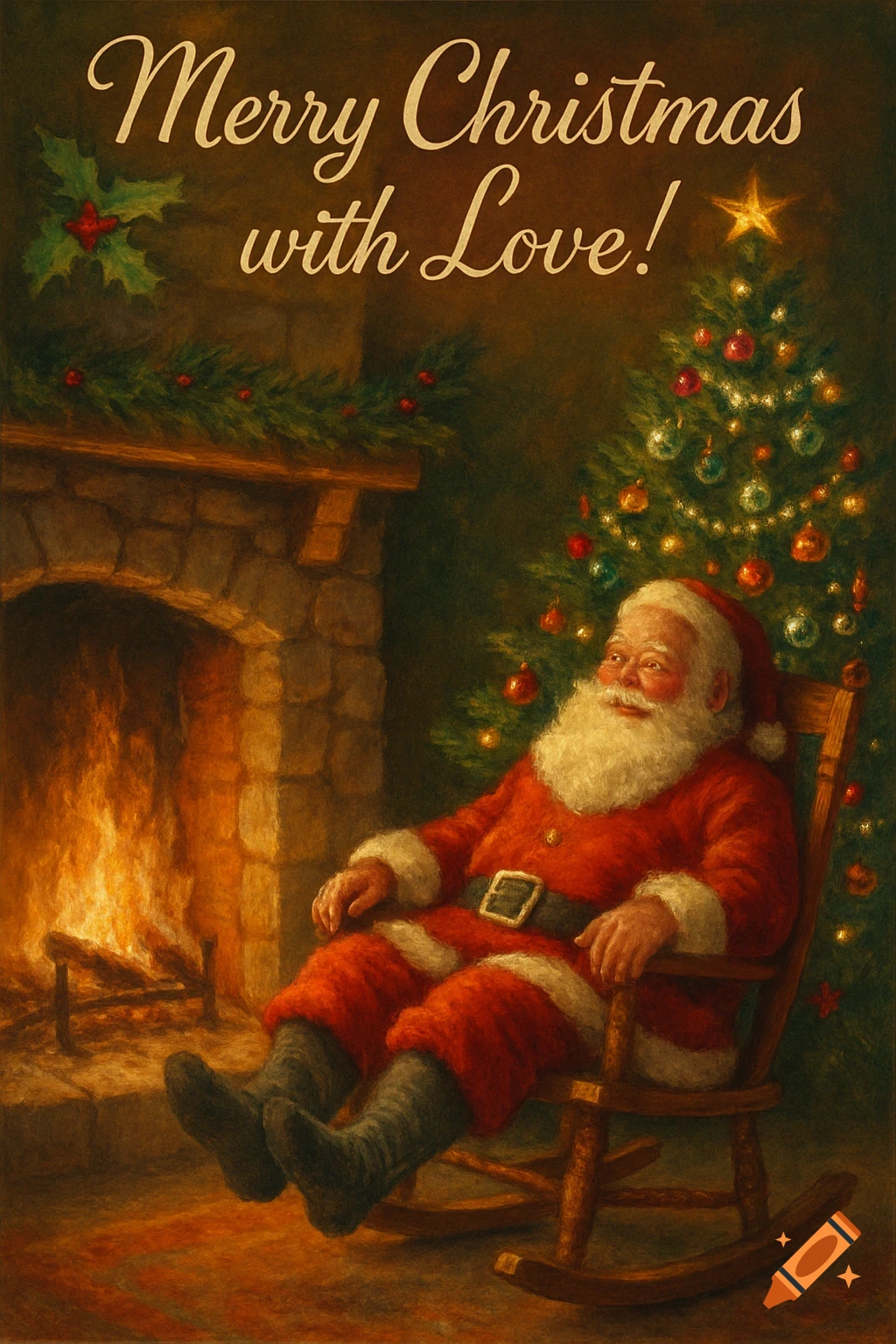 Santa Claus relaxing by a warm fireplace and decorated Christmas tree with "Merry Christmas with Love!" text. Painting style.