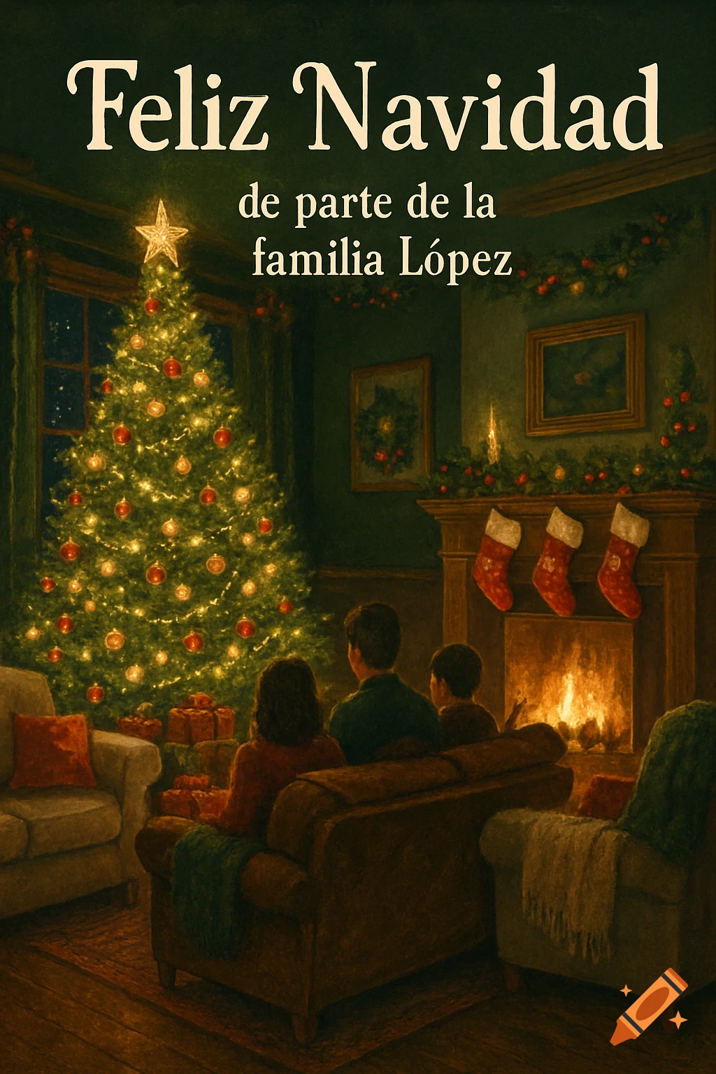 Painting of a family viewing a decorated Christmas tree and fireplace, with 'Feliz Navidad de parte de la familia López' text.