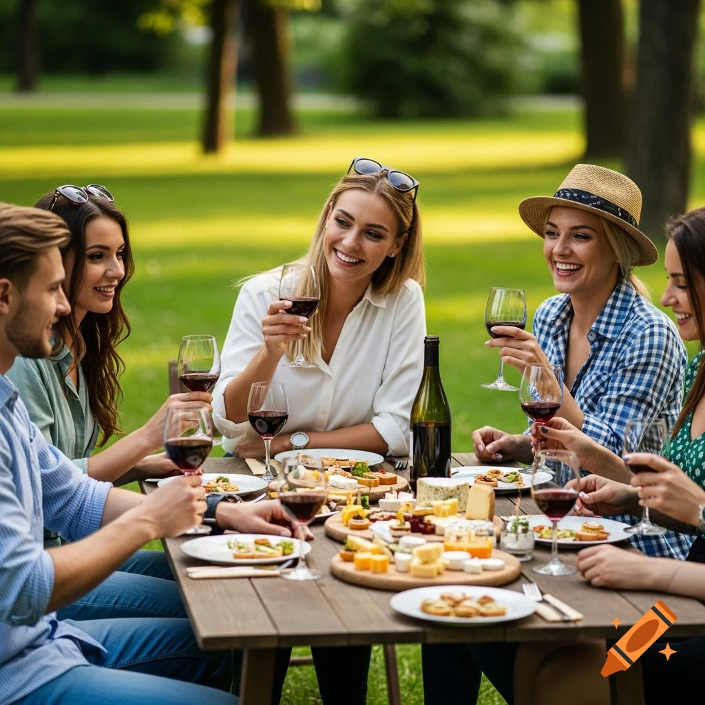 Young people laugh while enjoying wine and cheese at an outdoor picnic table in a sunny park, photorealistic.
