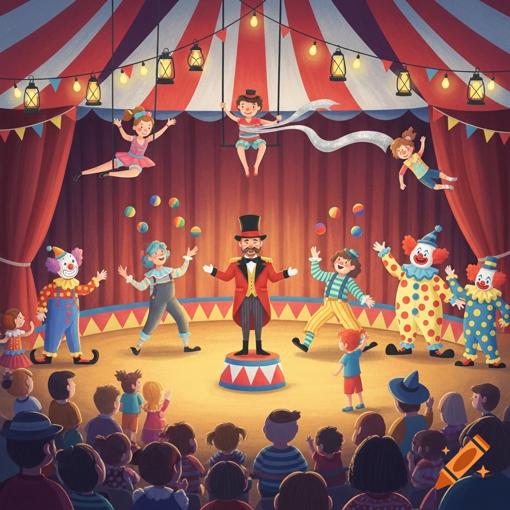A colorful children's book illustration of a circus performance with a ringmaster, clowns, jugglers, and acrobats entertaining an audience.