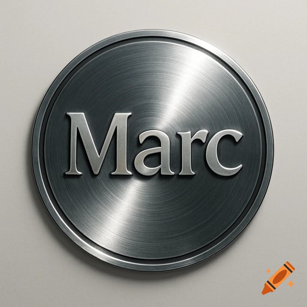 A round, brushed metallic logo with the name 'Marc' embossed in the center, set against a light background.