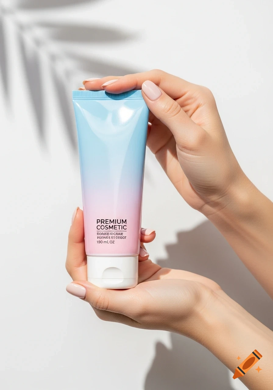 Two elegant female hands gently holding a blue-to-pink gradient cosmetic cream tube, against a minimal white background with leaf shadows.