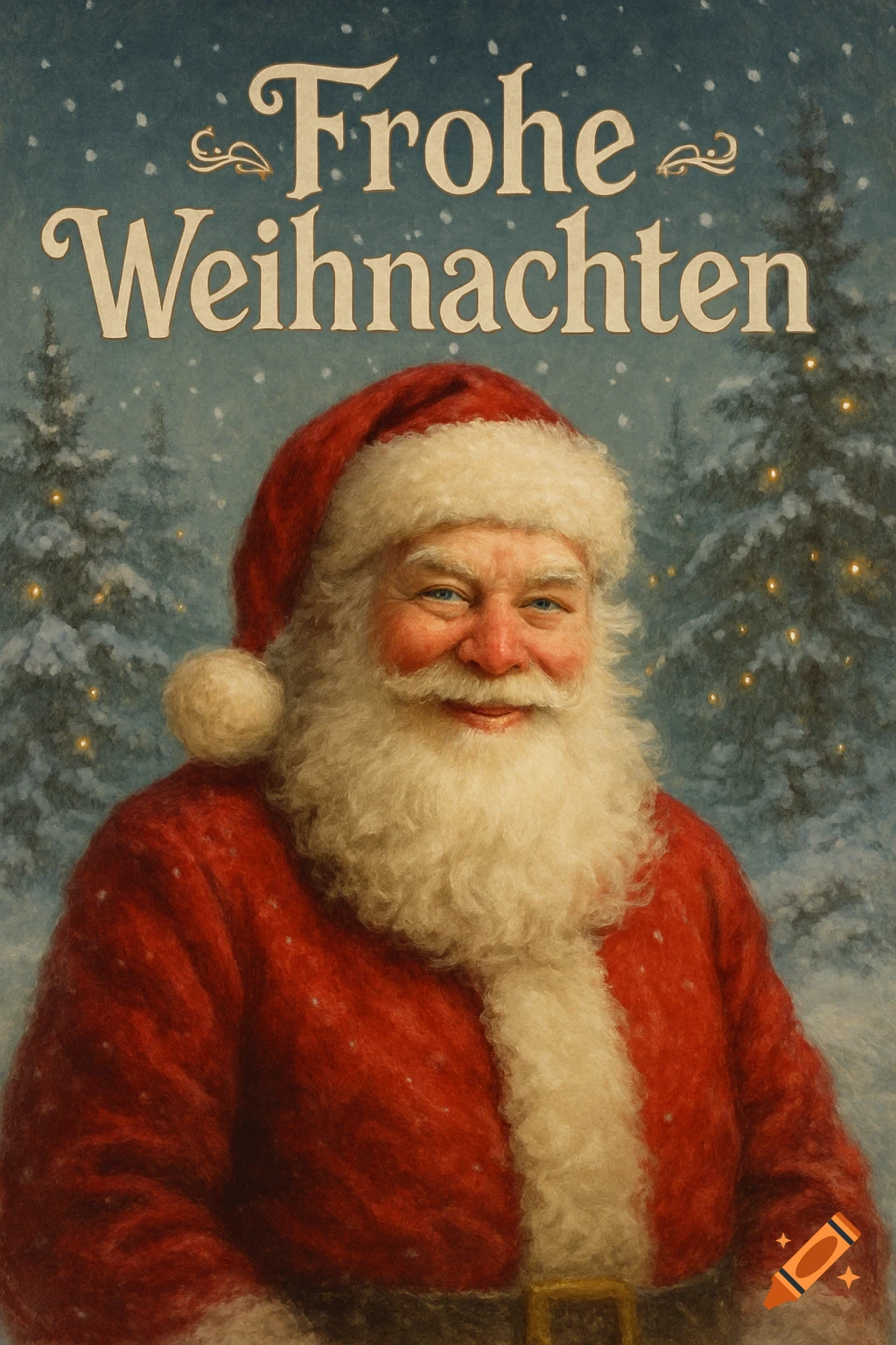 Smiling Santa Claus in a snowy forest with 'Frohe Weihnachten' (Merry Christmas) text above.