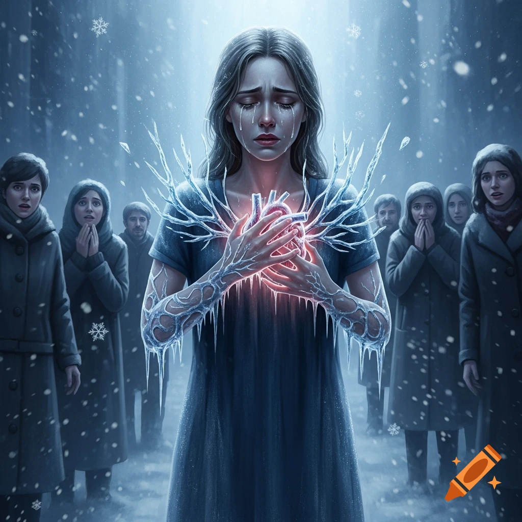 A crying woman, with ice forming on her arms, clutches a glowing, icy heart in a snowy scene, watched by a shocked crowd.
