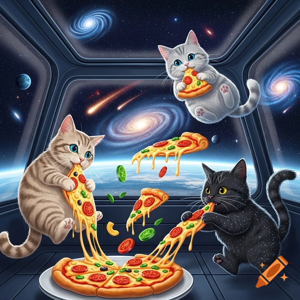 Three cartoon cats eating pizza inside a spaceship, gazing out at vibrant galaxies and planets in space.